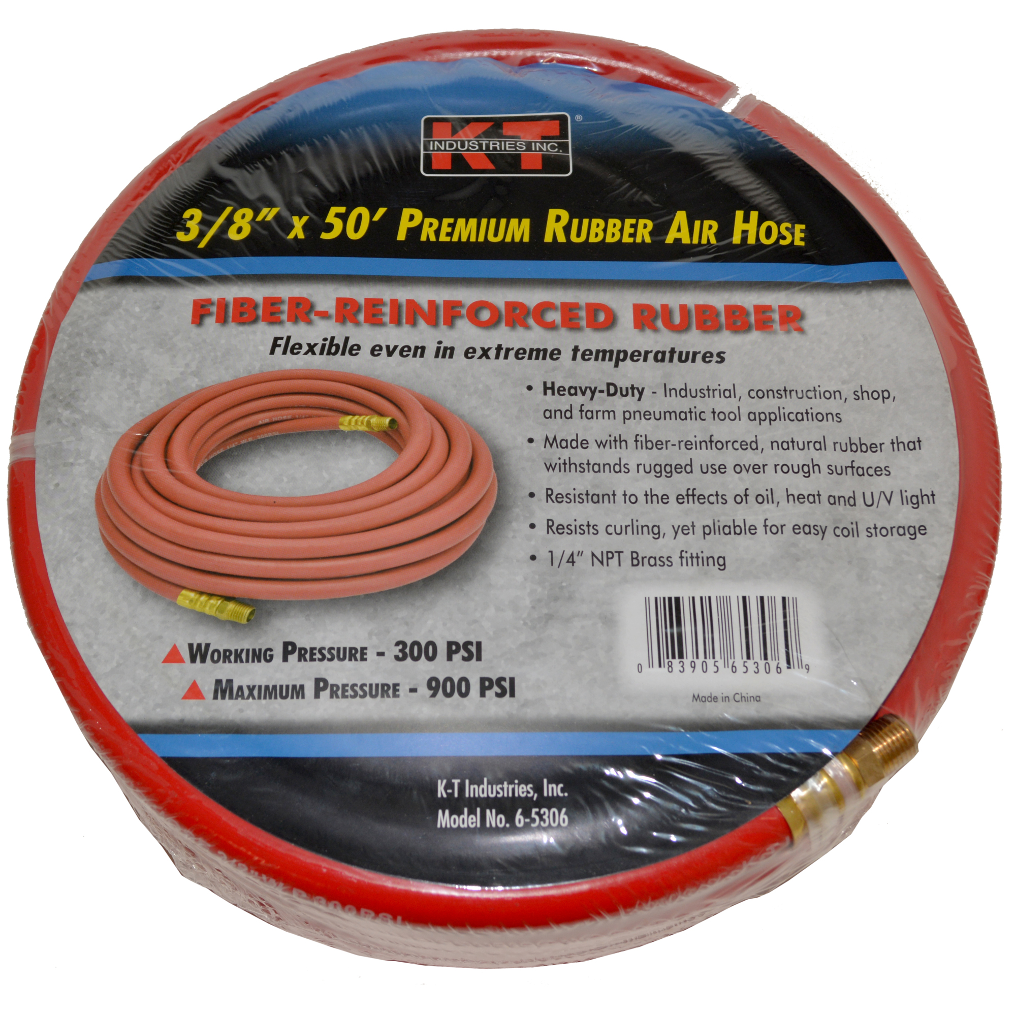 K-T Industries Rubber Air Hose — 3/8in. x 50ft., Fiber Reinforced, 1/4in. Brass Fittings, Model# 6-5306